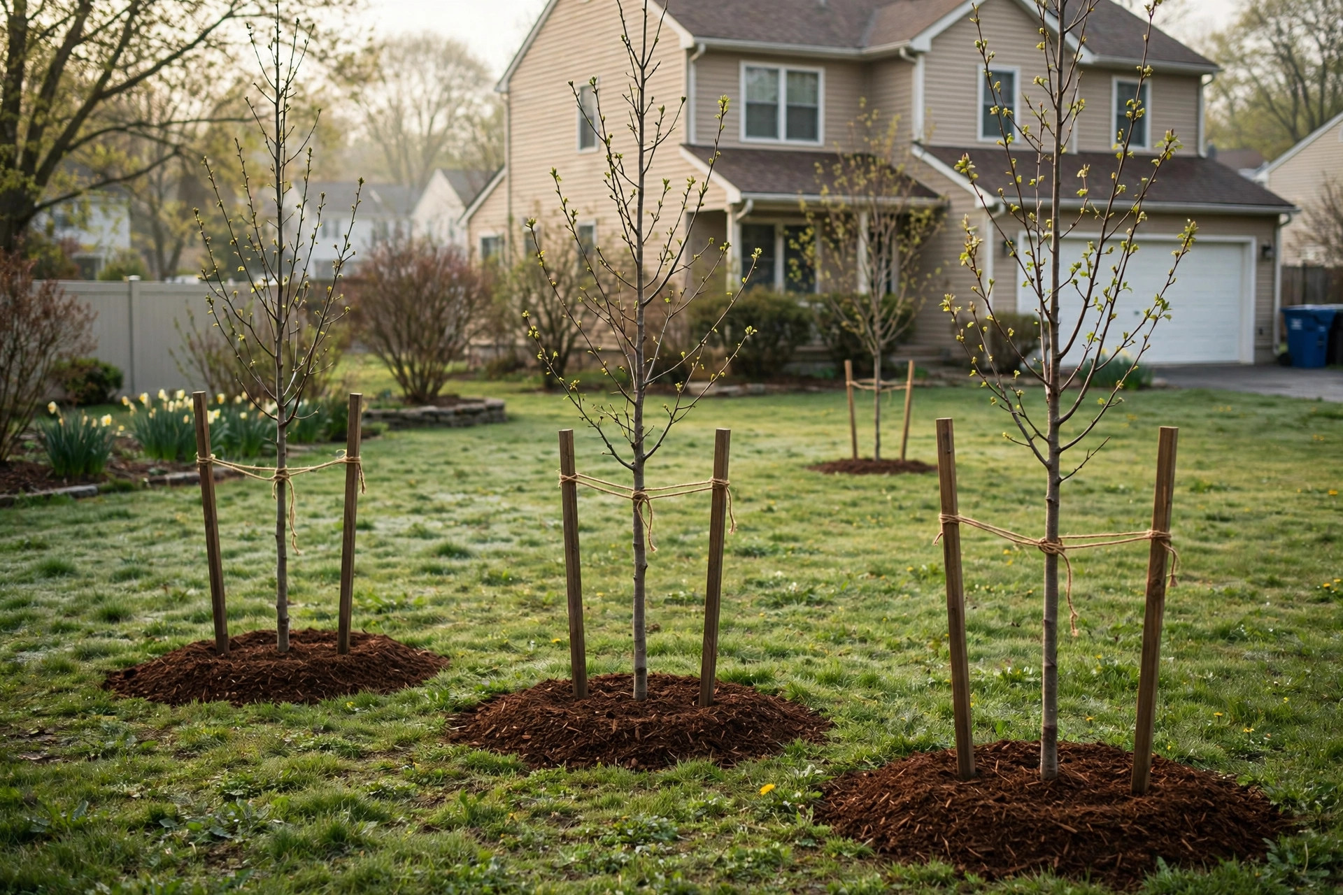 Newly planted young trees staked in a suburban New Jersey yard