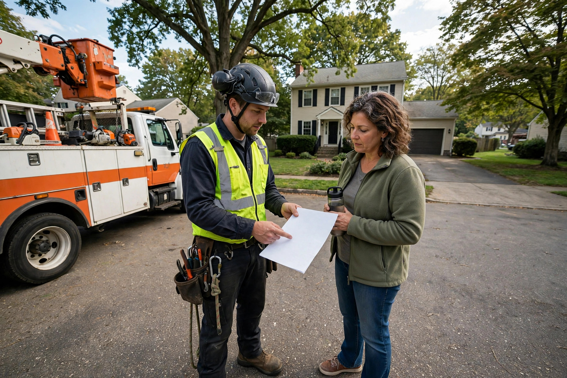 Arborist showing a written estimate to a homeowner beside a tree service truck