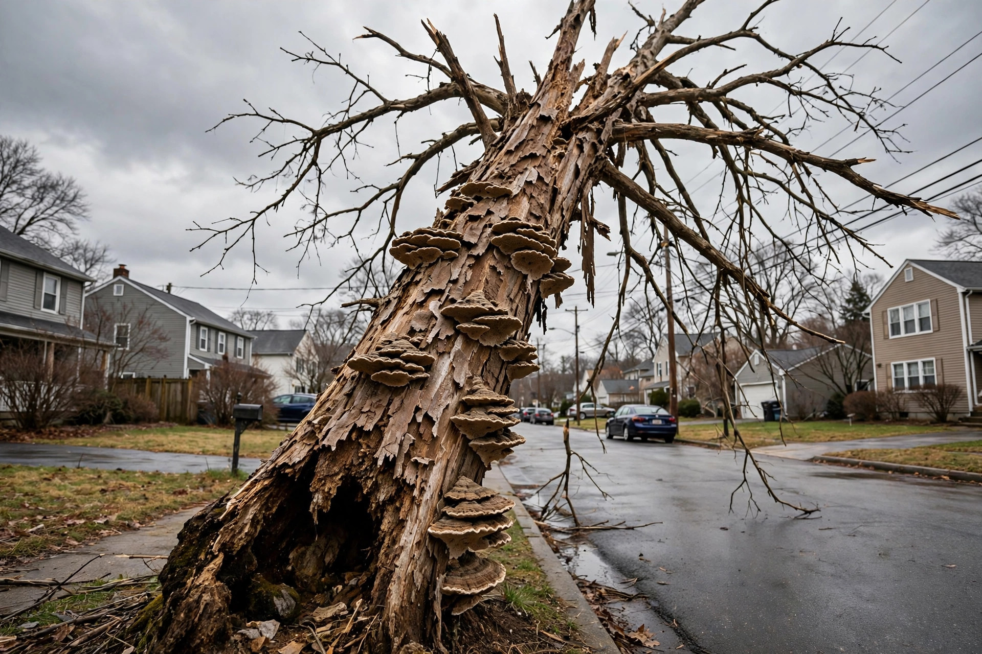 Dead hazardous tree with peeling bark and fungal growth at the base