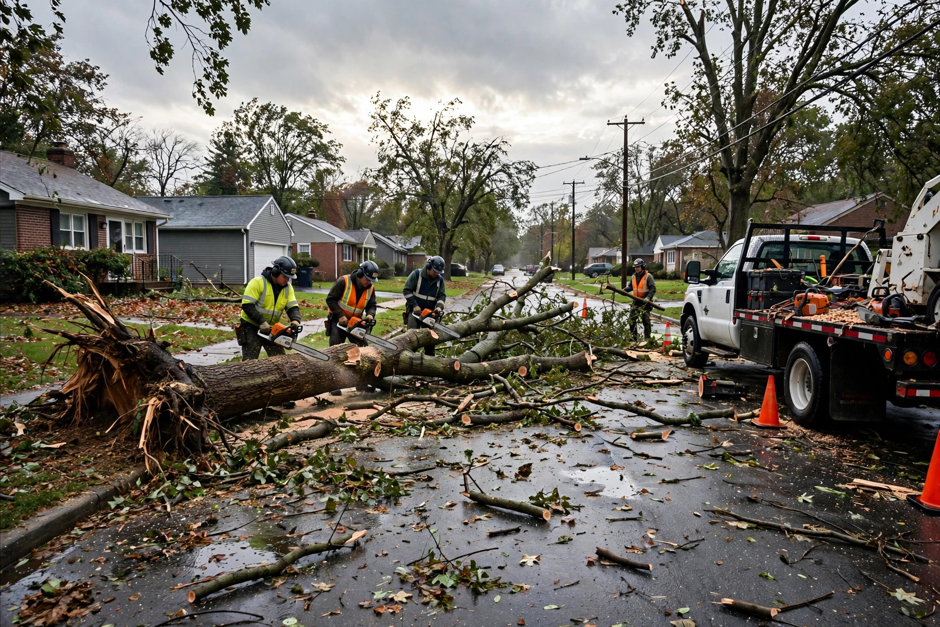 Tree service crew clearing a storm-fallen tree from a suburban New Jersey street