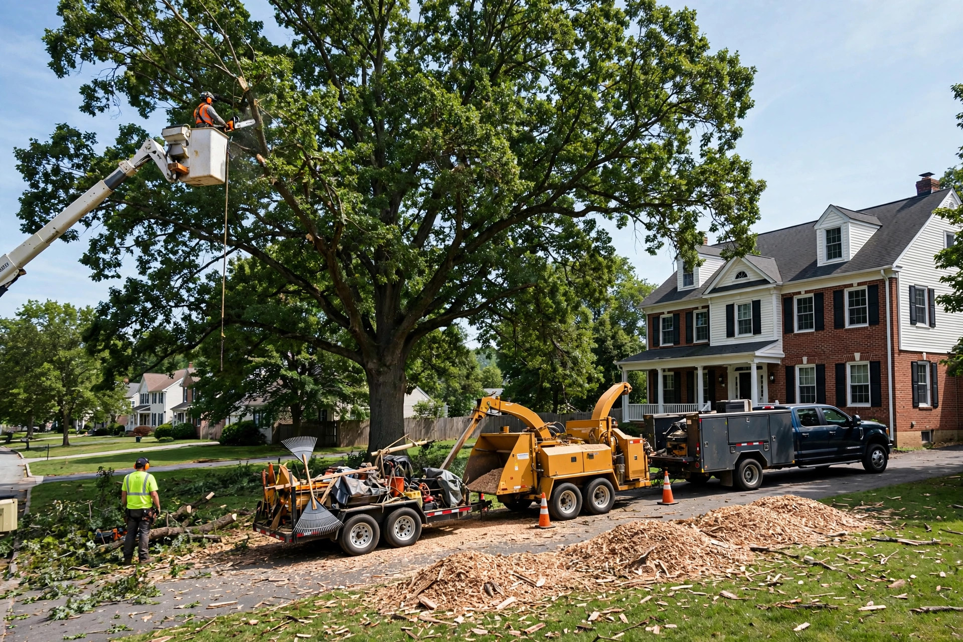 Tree Doc NJ arborist in a bucket lift trimming a large oak beside a North Jersey home