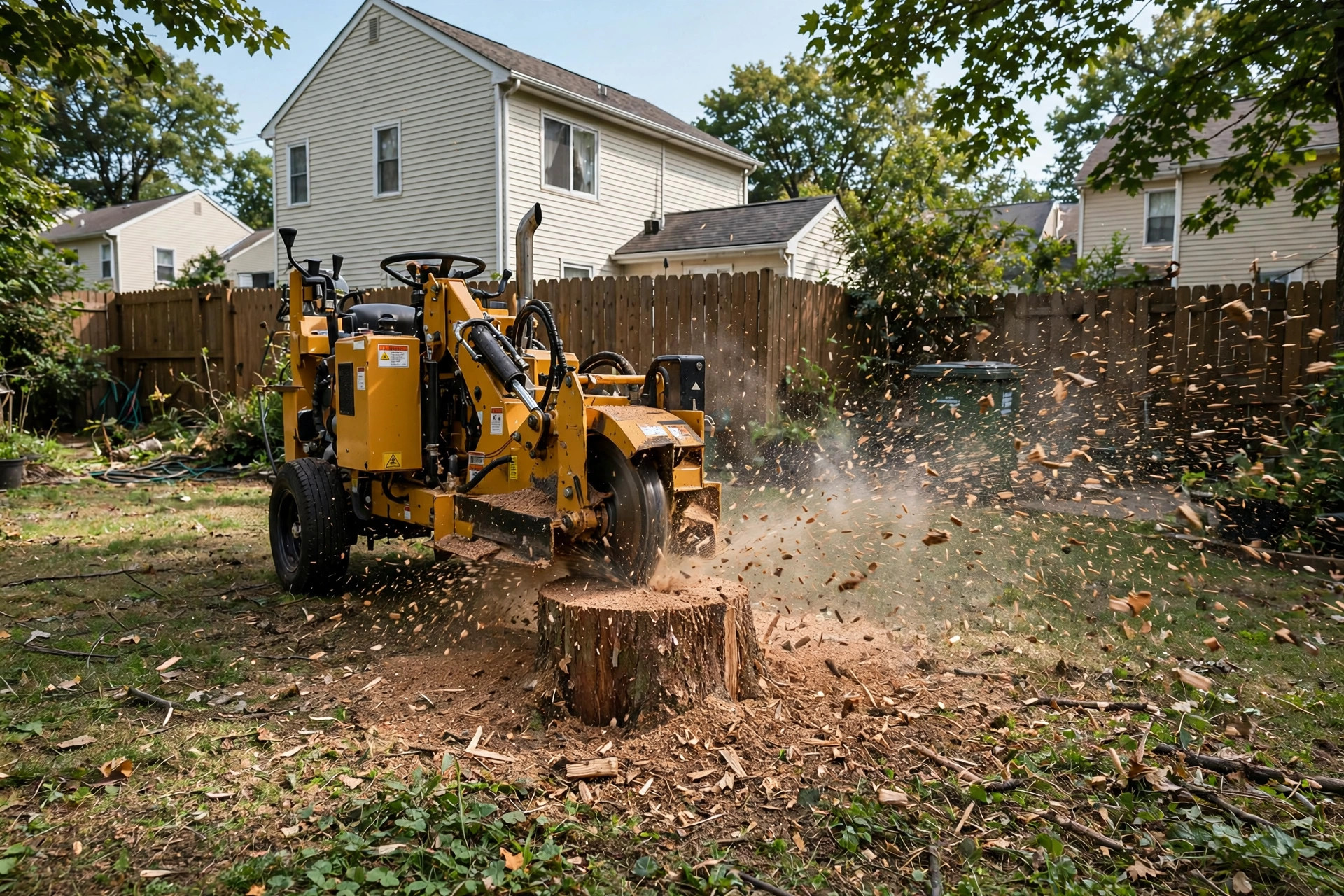 Stump grinder machine grinding a tree stump in a New Jersey backyard