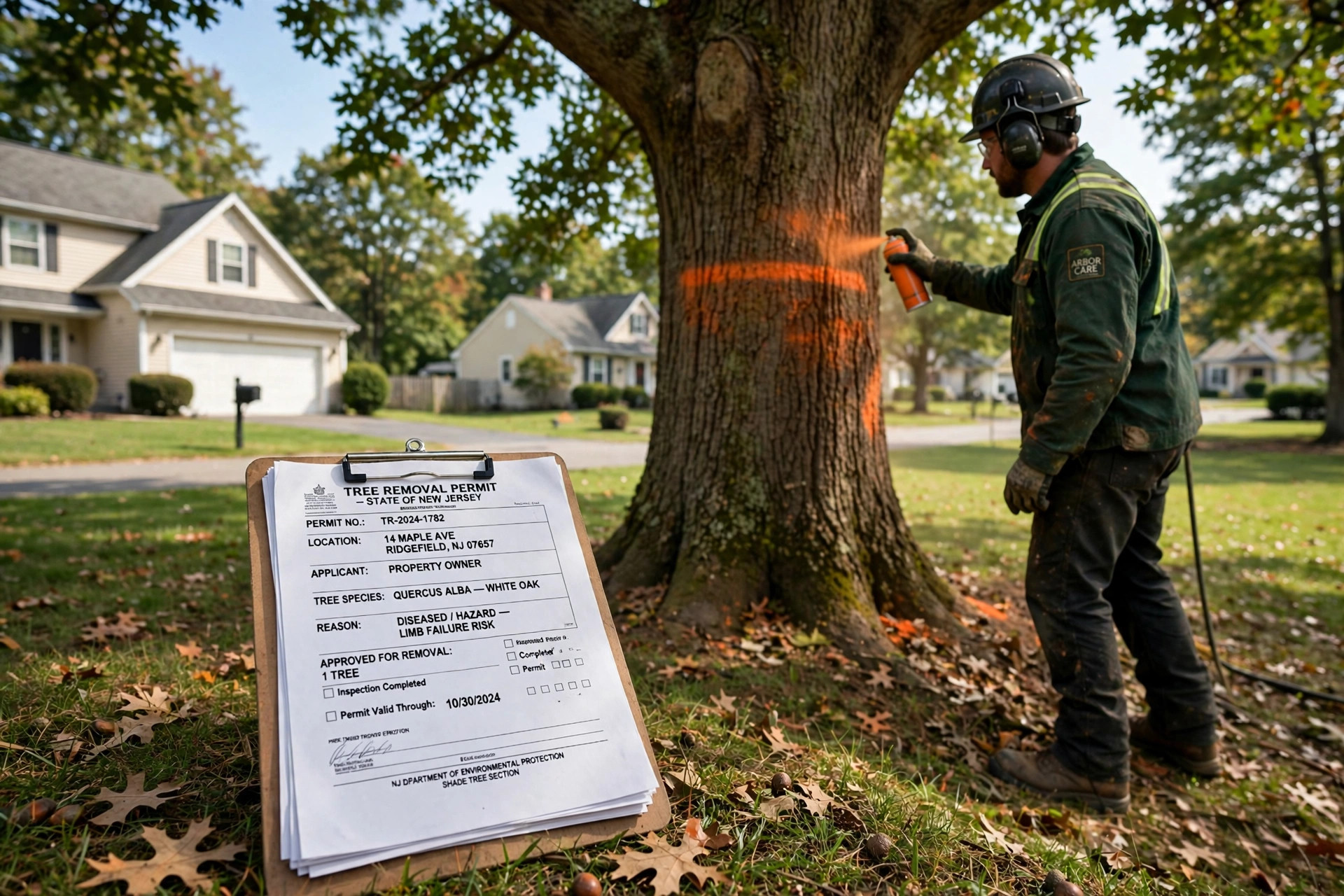 Arborist marking an oak tree with orange paint next to permit paperwork on a clipboard
