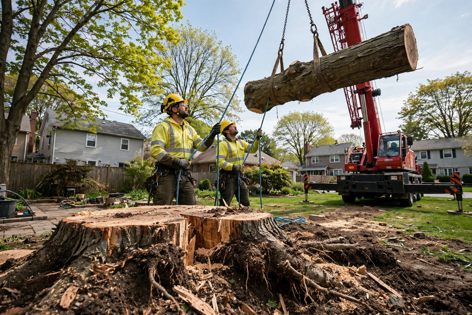 Crane lifting a cut tree trunk section over a New Jersey backyard